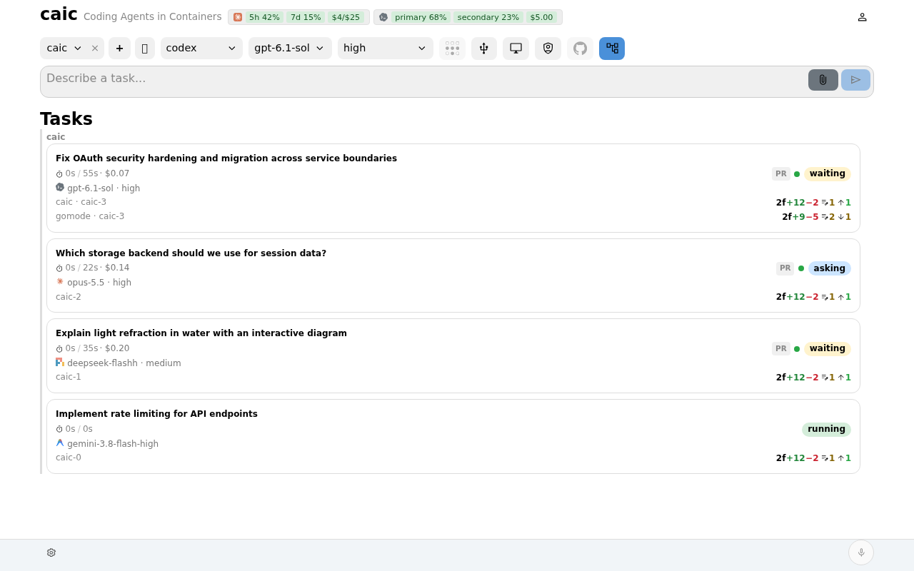 caic task dashboard with concurrent coding tasks grouped by repository and their agent states