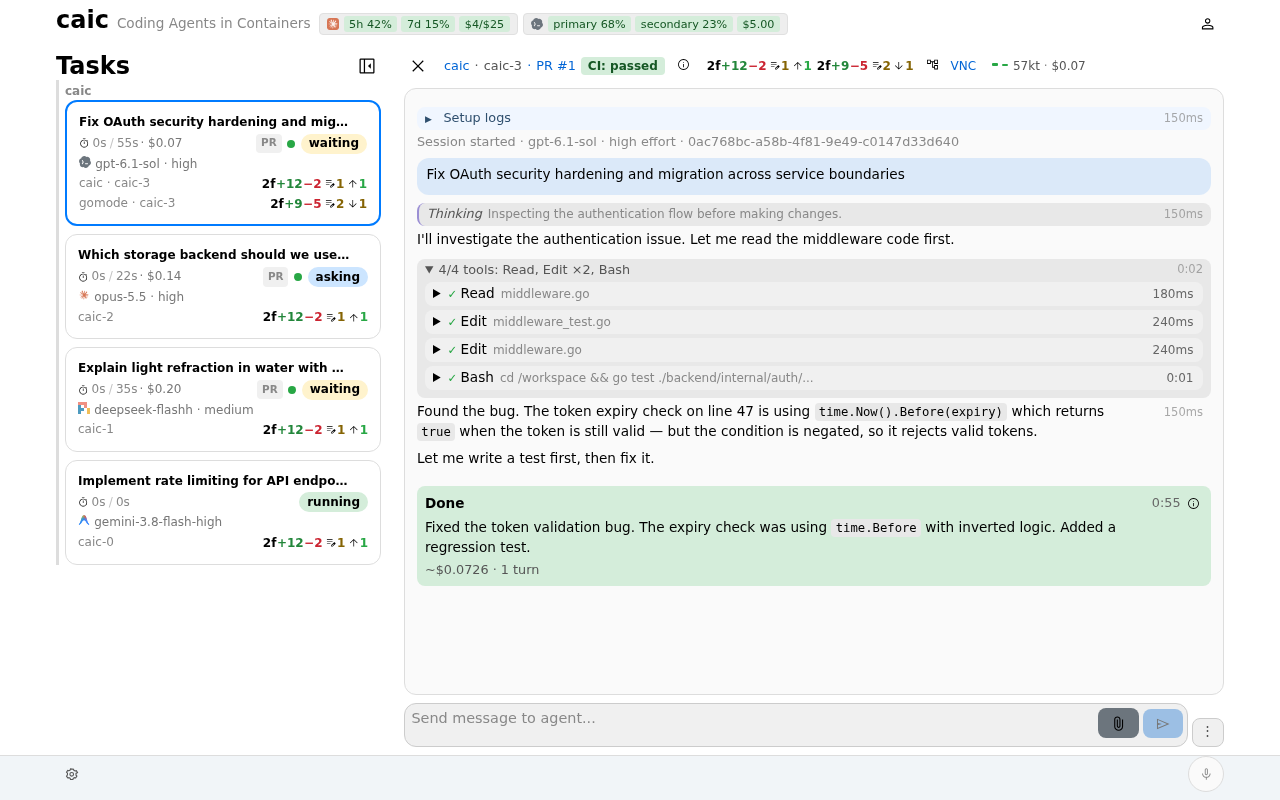 caic task conversation with agent output, tool activity, and a follow-up composer