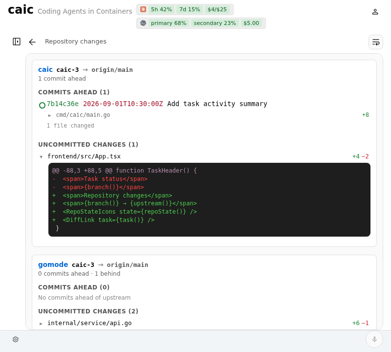 Repository review in caic with commits and expanded file changes